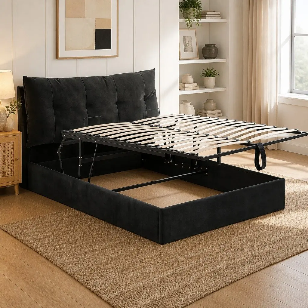 Queen Upholstered Bed Frame Black Velvet Gas Lift Storage with LED Light and USB Charging Station