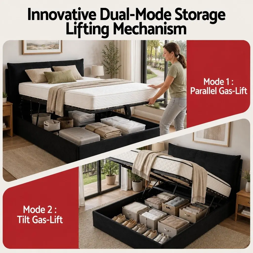 Queen Upholstered Bed Frame Black Velvet Gas Lift Storage with LED Light and USB Charging Station
