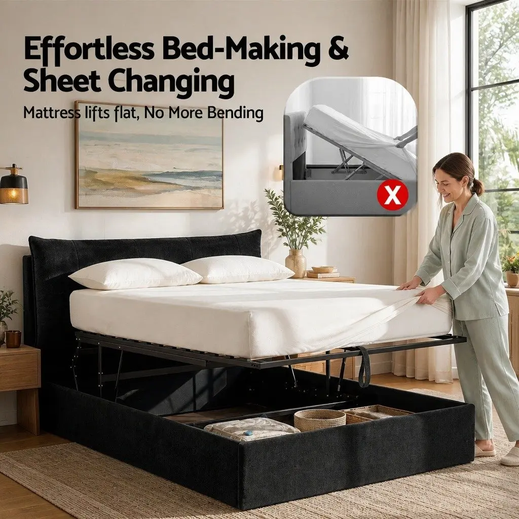 Queen Upholstered Bed Frame Black Velvet Gas Lift Storage with LED Light and USB Charging Station