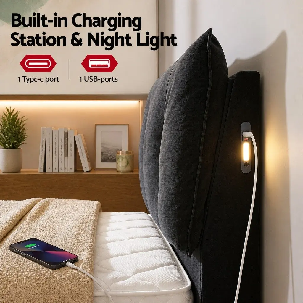 Queen Upholstered Bed Frame Black Velvet Gas Lift Storage with LED Light and USB Charging Station
