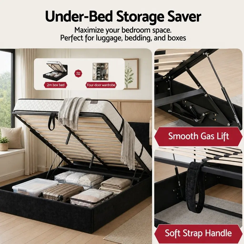 Queen Upholstered Bed Frame Black Velvet Gas Lift Storage with LED Light and USB Charging Station