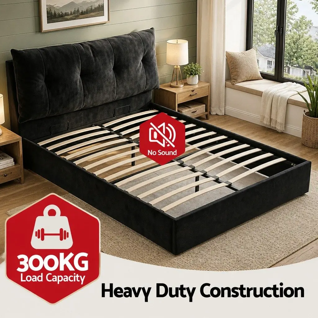 Queen Upholstered Bed Frame Black Velvet Gas Lift Storage with LED Light and USB Charging Station