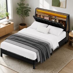 Cozy Double Bed Frame with LED Storage Headboard