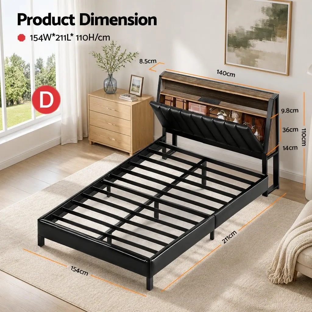 Double Bed Frame with LED Storage Headboard