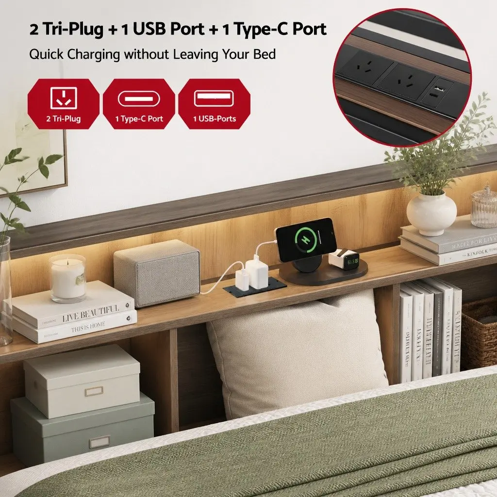 Double Bed Frame with LED Storage Headboard
