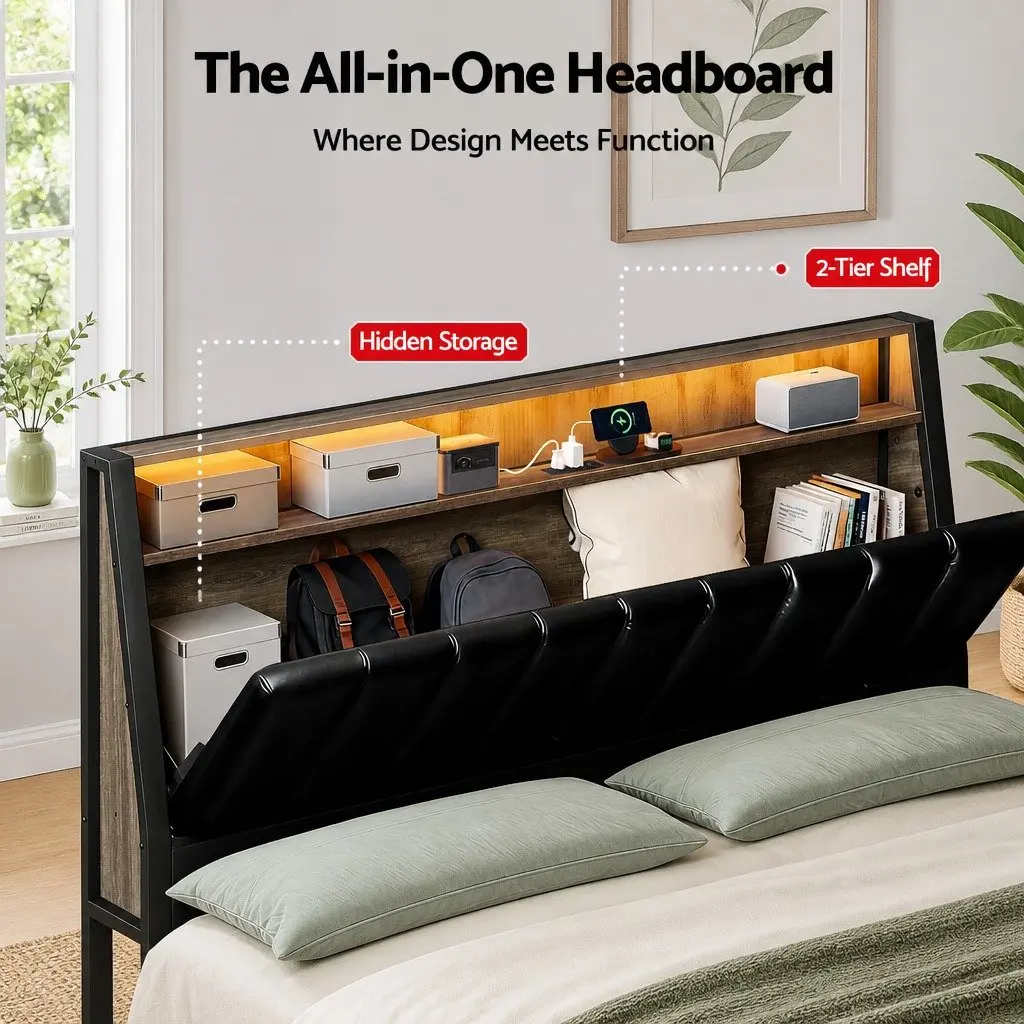 Double Bed Frame with LED Storage Headboard