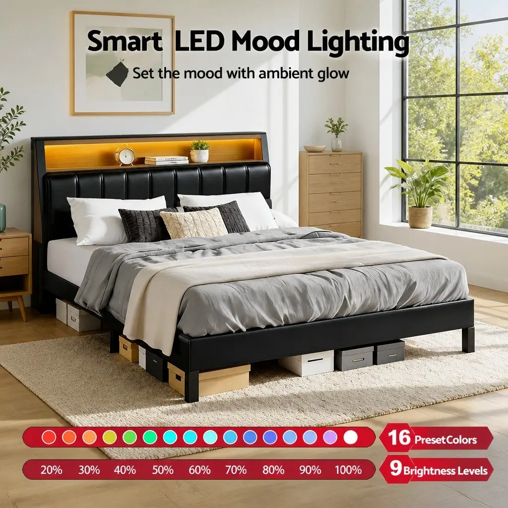 Double Bed Frame with LED Storage Headboard