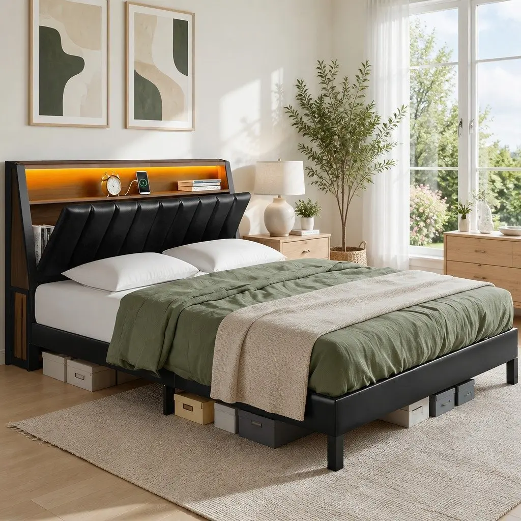 Double Bed Frame with LED Storage Headboard