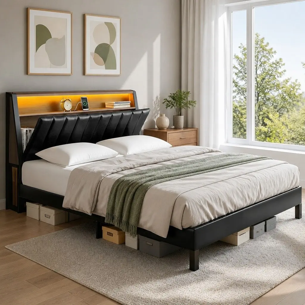 Queen Bed Frame Black LED Headboard Storage Charging Ports Upholstered 160W x 226L x 110H cm E1 MDF Metal Reinforced
