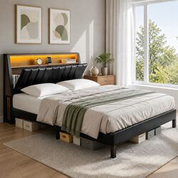 Queen Bed Frame with LED Headboard and Storage in Black