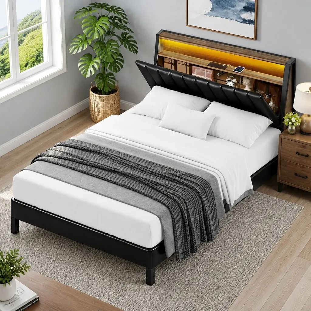 Queen Bed Frame Black LED Headboard Storage Charging Ports Upholstered 160W x 226L x 110H cm E1 MDF Metal Reinforced