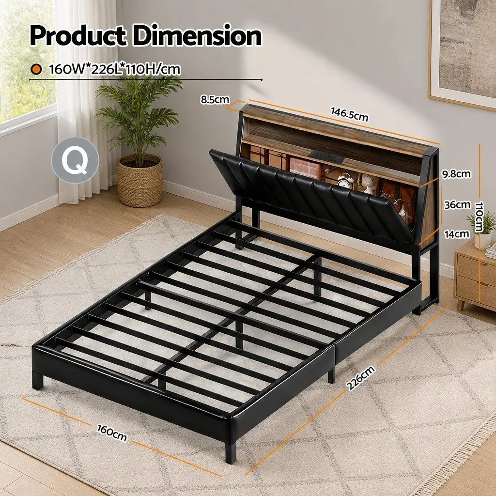 Queen Bed Frame Black LED Headboard Storage Charging Ports Upholstered 160W x 226L x 110H cm E1 MDF Metal Reinforced