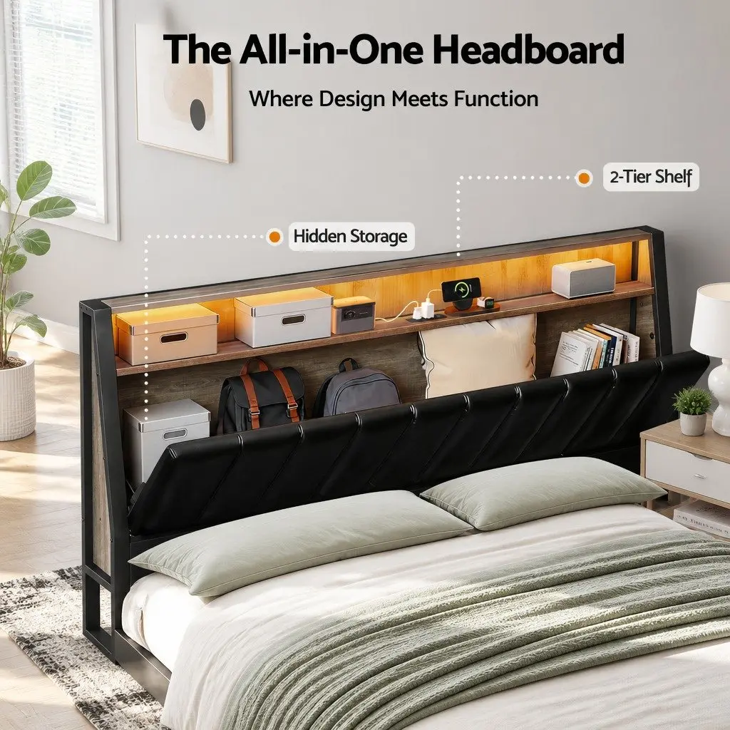 Queen Bed Frame Black LED Headboard Storage Charging Ports Upholstered 160W x 226L x 110H cm E1 MDF Metal Reinforced