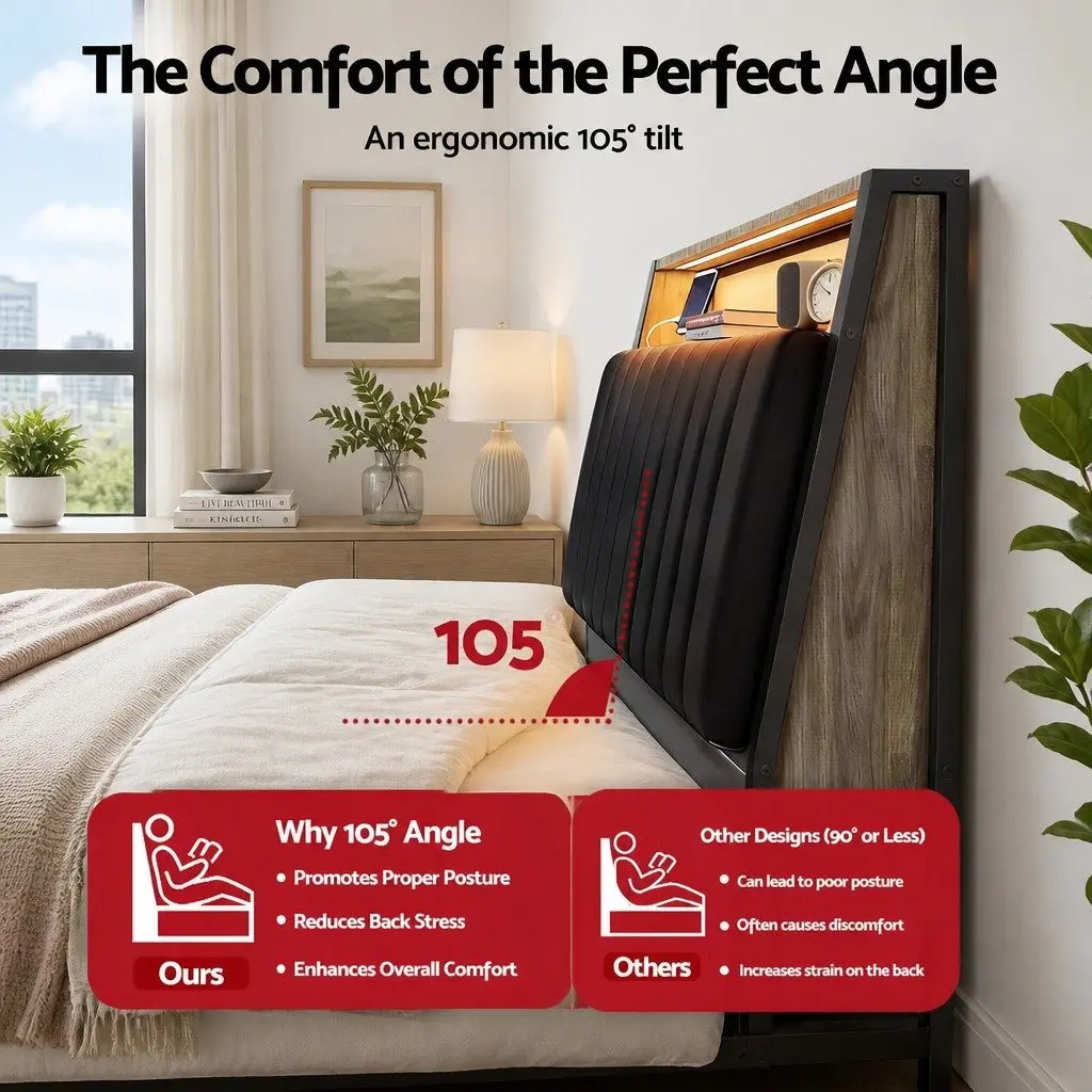 Queen Bed Frame Black LED Headboard Storage Charging Ports Upholstered 160W x 226L x 110H cm E1 MDF Metal Reinforced