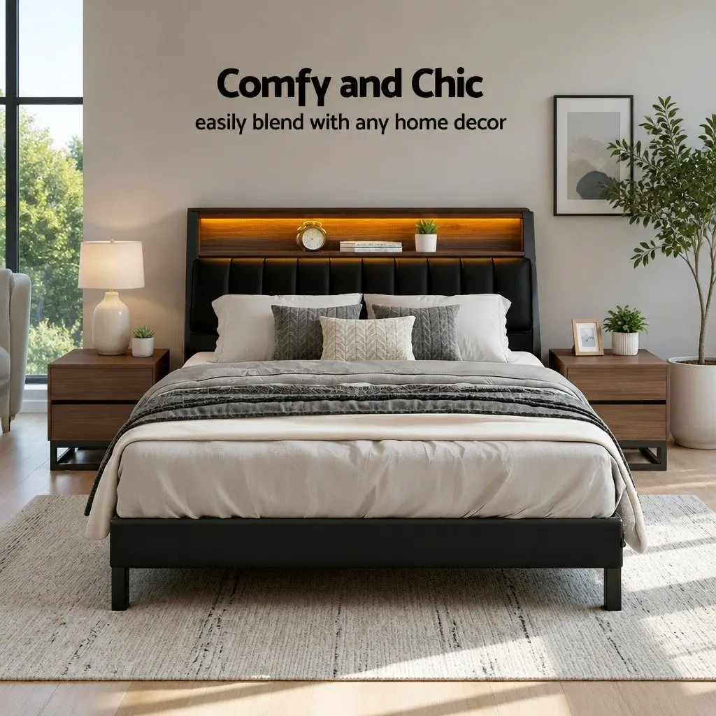 Queen Bed Frame Black LED Headboard Storage Charging Ports Upholstered 160W x 226L x 110H cm E1 MDF Metal Reinforced