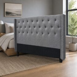 Grey Fabric King Size Bed Headboard with Winged Design