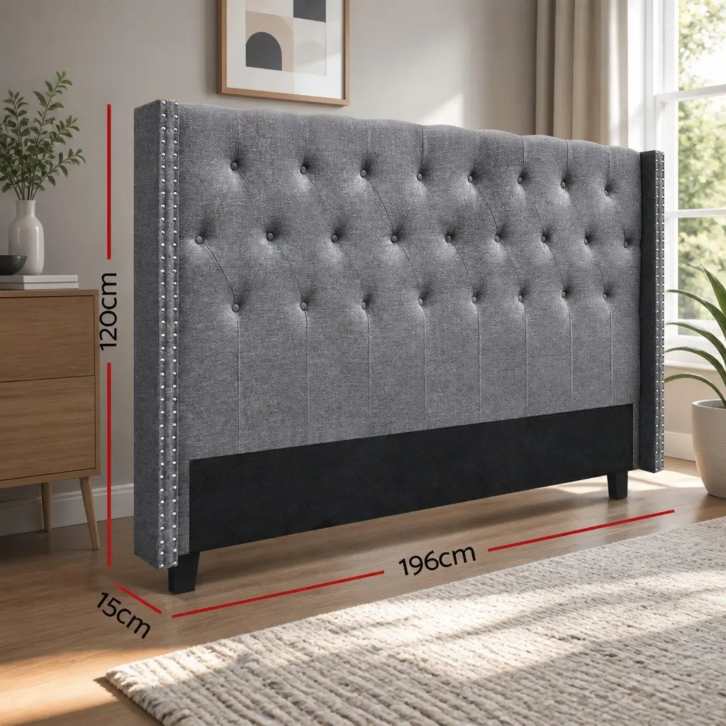 King Size Bed Headboard Grey Fabric Winged Upholstered Button Tufted Bedroom
