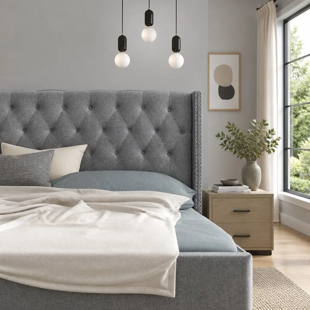 King Size Bed Headboard Grey Fabric Winged Upholstered Button Tufted Bedroom