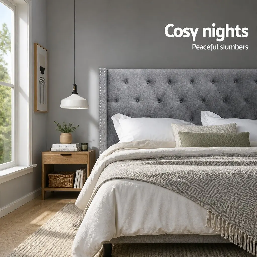 King Size Bed Headboard Grey Fabric Winged Upholstered Button Tufted Bedroom