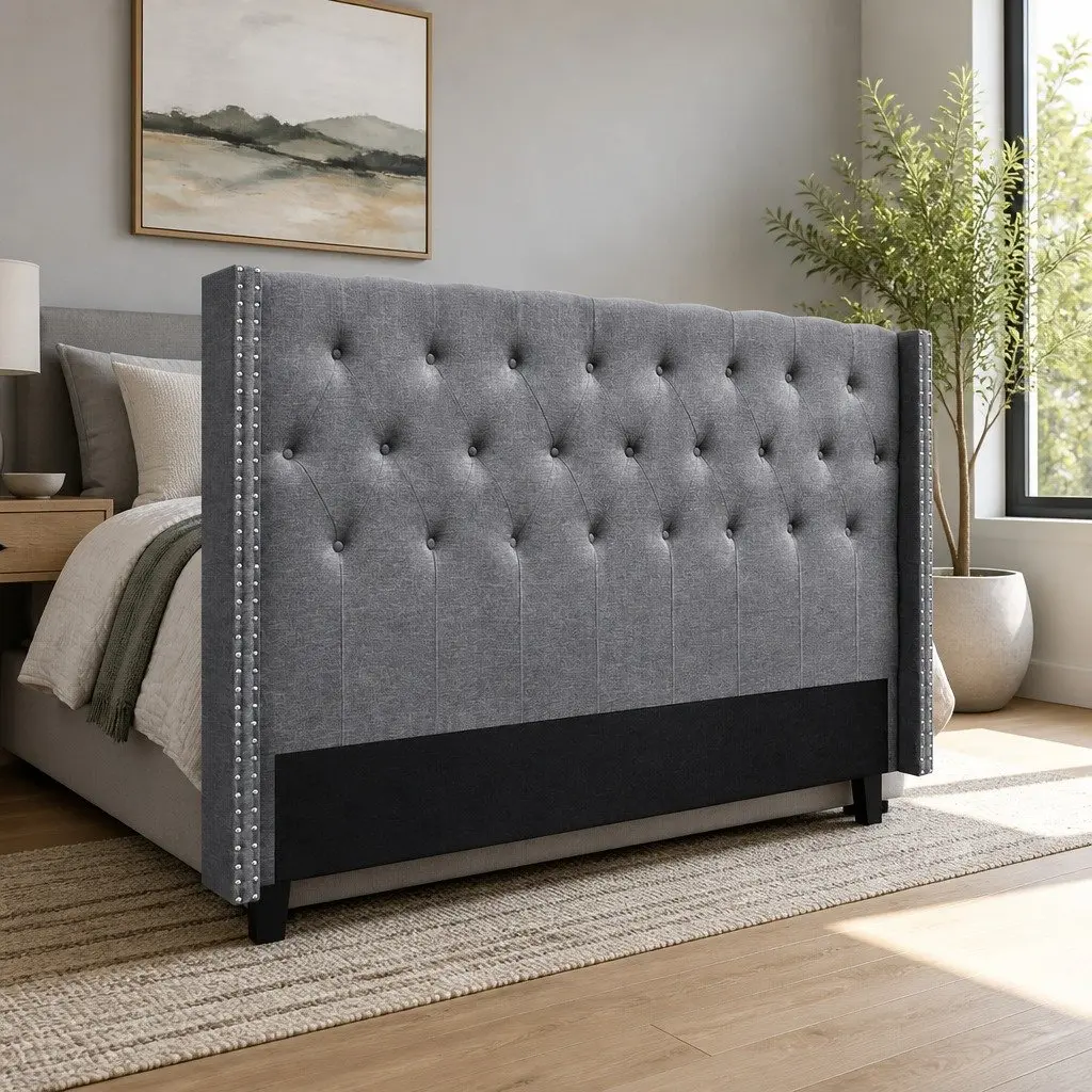 King Size Bed Headboard Grey Fabric Winged Upholstered Button Tufted Bedroom