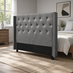 Winged Upholstered Queen Size Bed Headboard in Grey