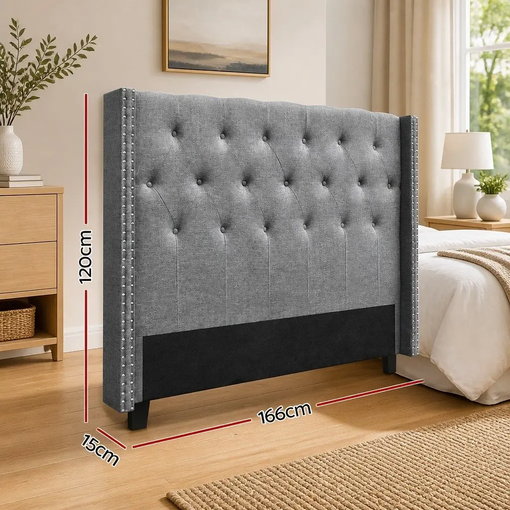 Queen Size Bed Headboard Winged Upholstered Tufted Fabric Grey