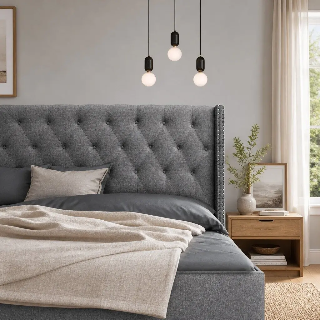 Queen Size Bed Headboard Winged Upholstered Tufted Fabric Grey