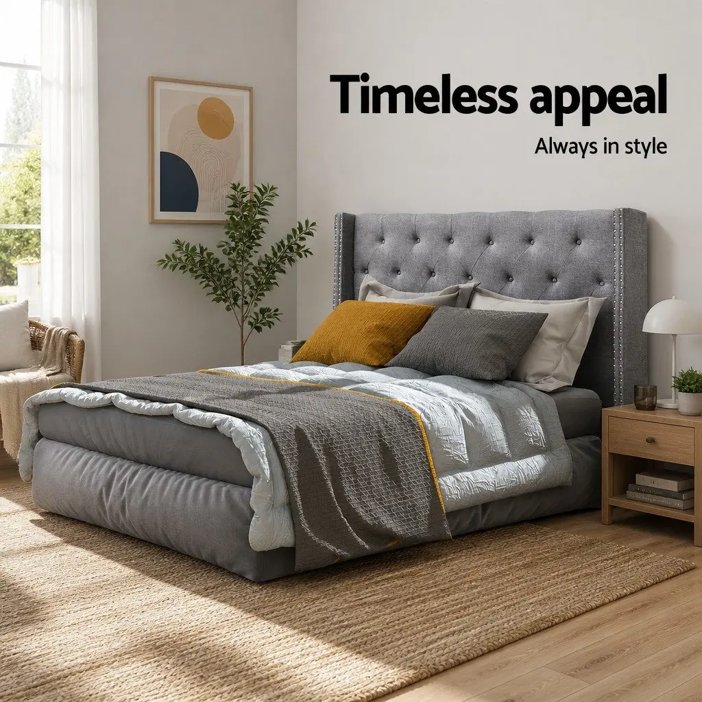 Queen Size Bed Headboard Winged Upholstered Tufted Fabric Grey