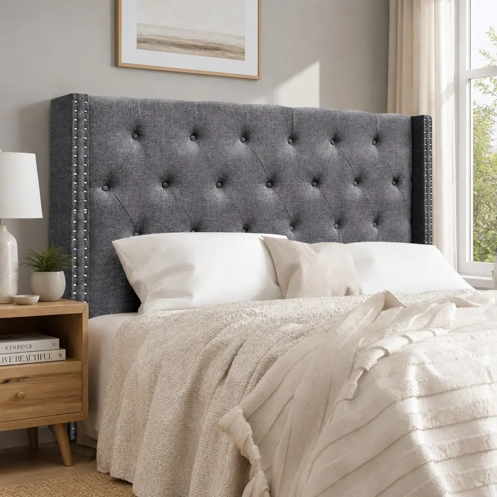 Queen Size Bed Headboard Winged Upholstered Tufted Fabric Grey