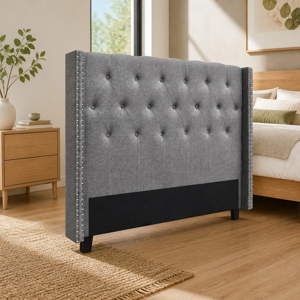 Queen Size Bed Headboard Winged Upholstered Tufted Fabric Grey