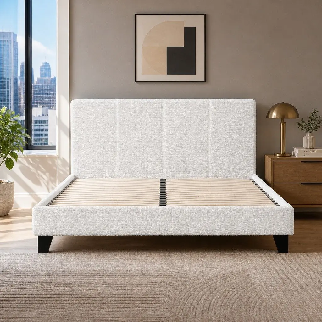 Double Bed Frame Boucle Fabric Upholstered Wooden Slat Base Textured White