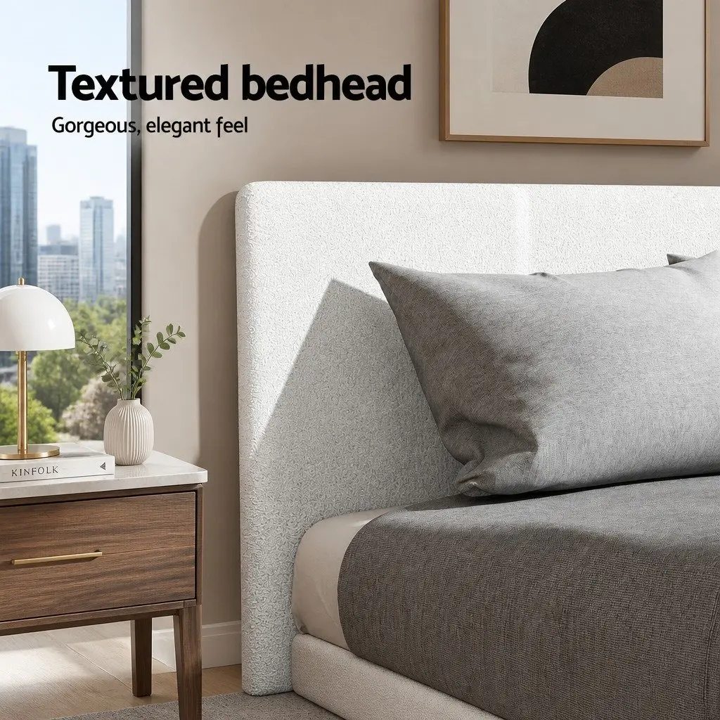 Double Bed Frame Boucle Fabric Upholstered Wooden Slat Base Textured White