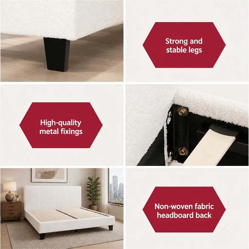 Double Bed Frame Boucle Fabric Upholstered Wooden Slat Base Textured White