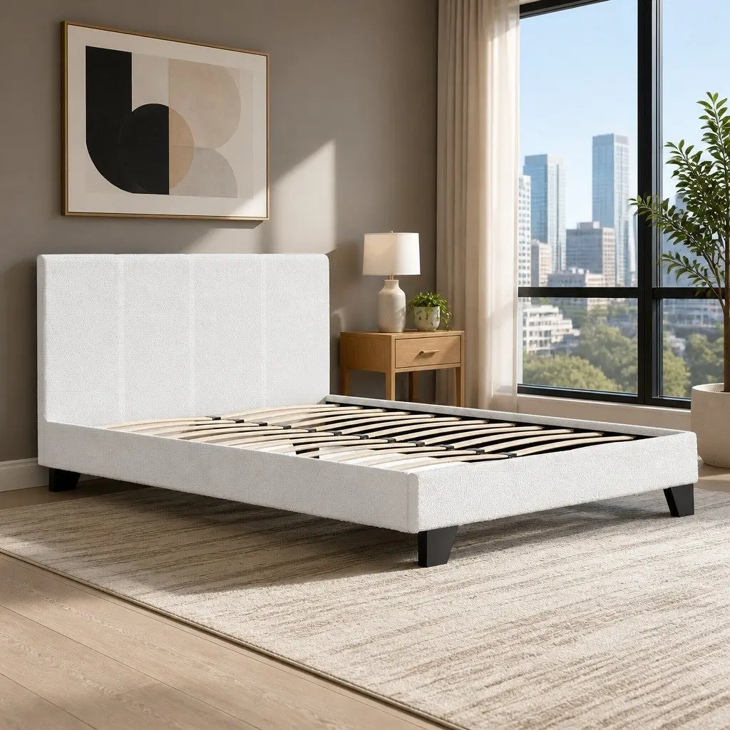 Double Bed Frame Boucle Fabric Upholstered Wooden Slat Base Textured White