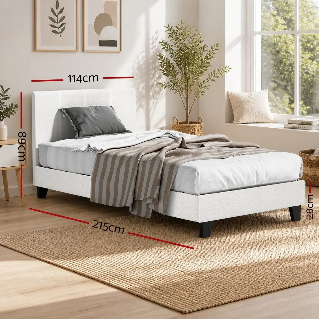 Boucle Fabric Upholstered King Single Bed Frame White