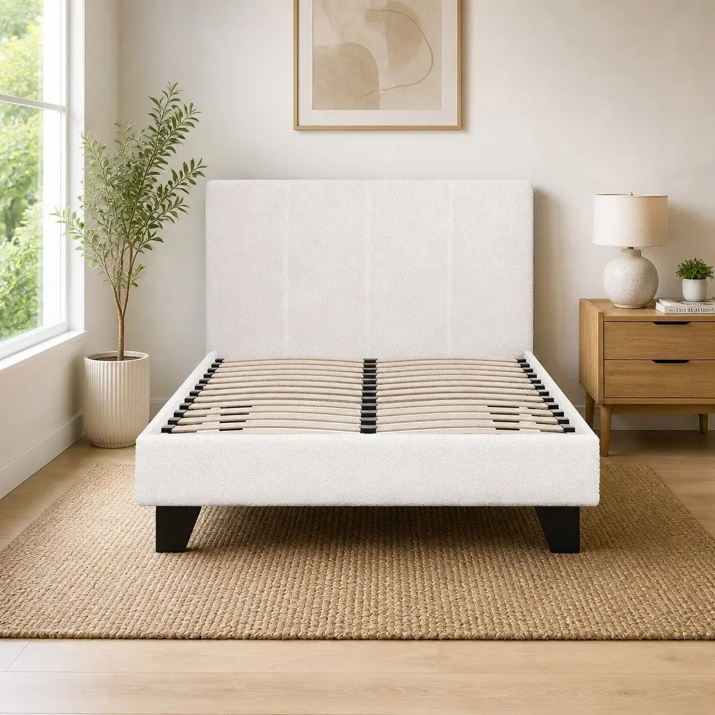 Boucle Fabric Upholstered King Single Bed Frame White