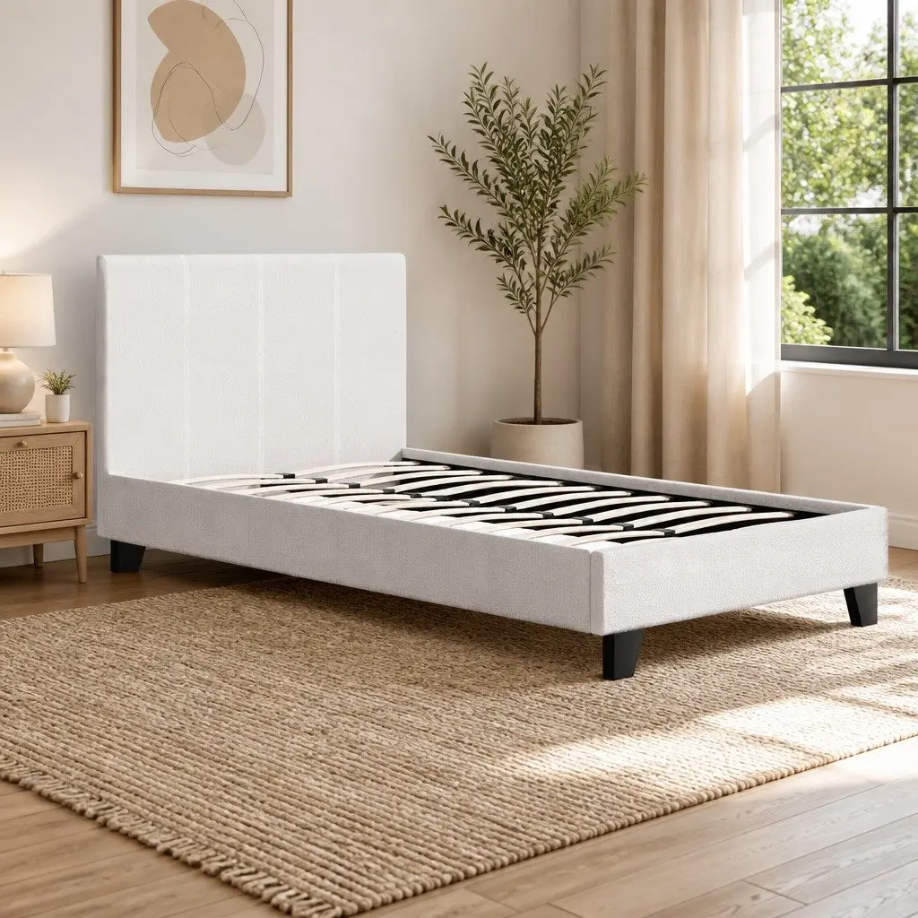 Boucle Fabric Upholstered King Single Bed Frame White