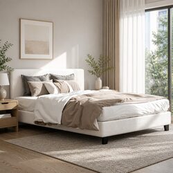 White Upholstered Queen Size Bed Frame in Boucle Fabric