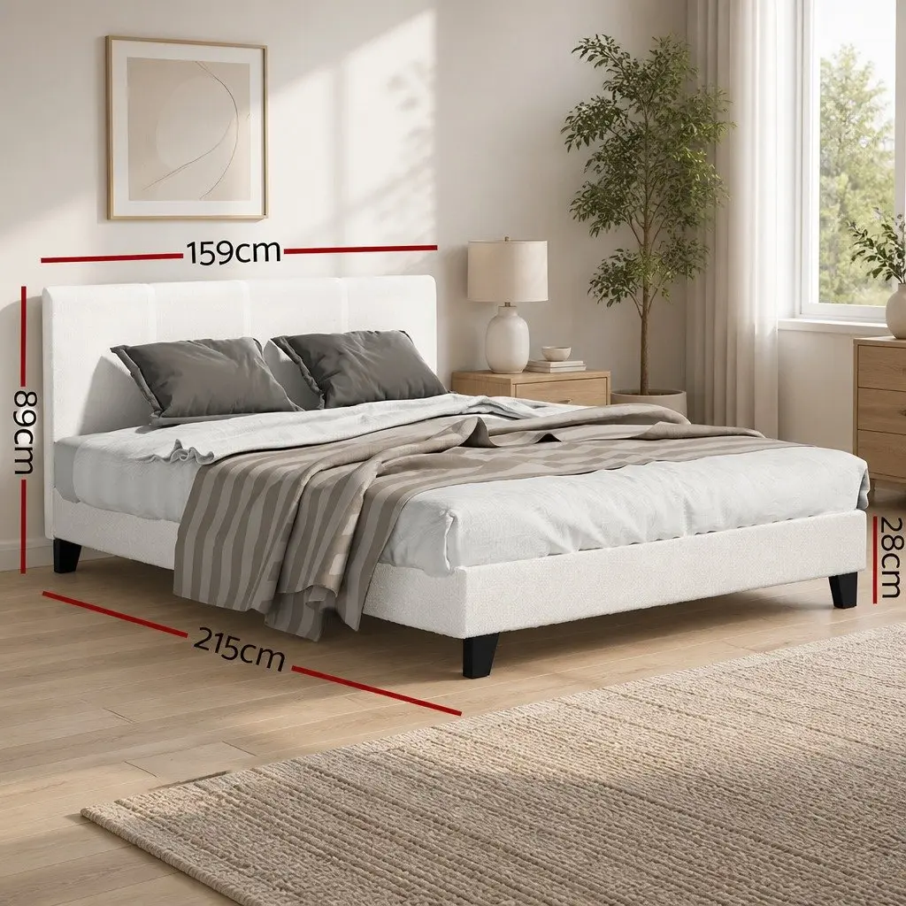 White Upholstered Queen Size Bed Frame in Boucle Fabric