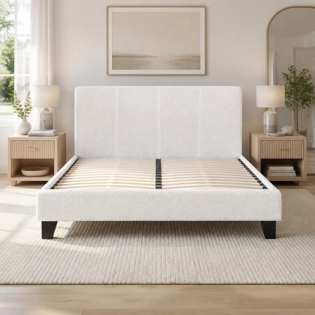 White Upholstered Queen Size Bed Frame in Boucle Fabric