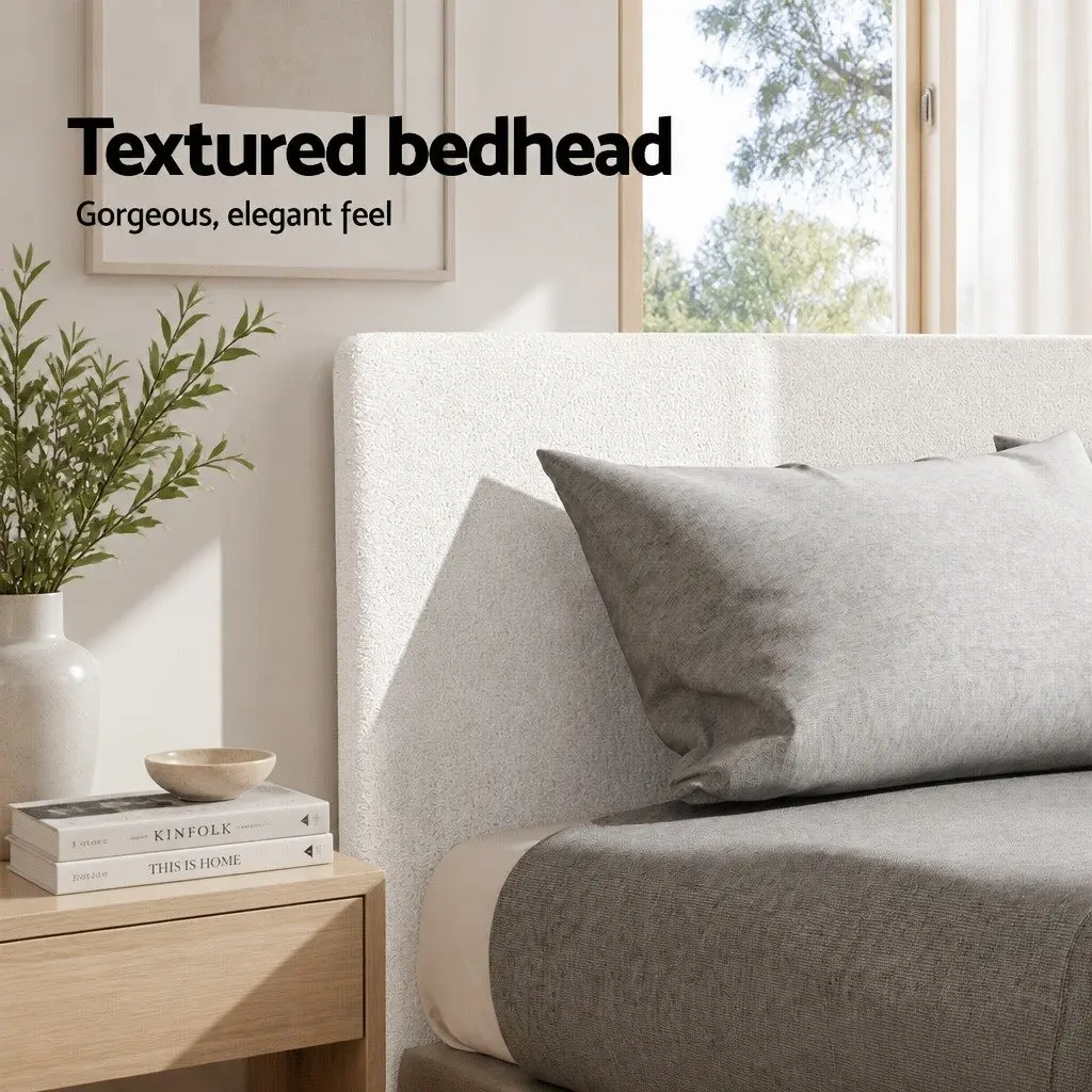 White Upholstered Queen Size Bed Frame in Boucle Fabric