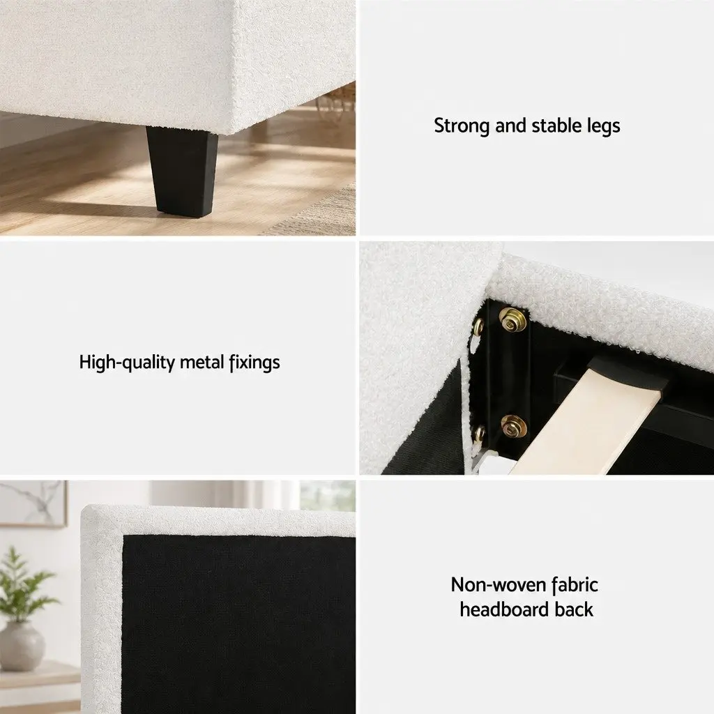 White Upholstered Queen Size Bed Frame in Boucle Fabric