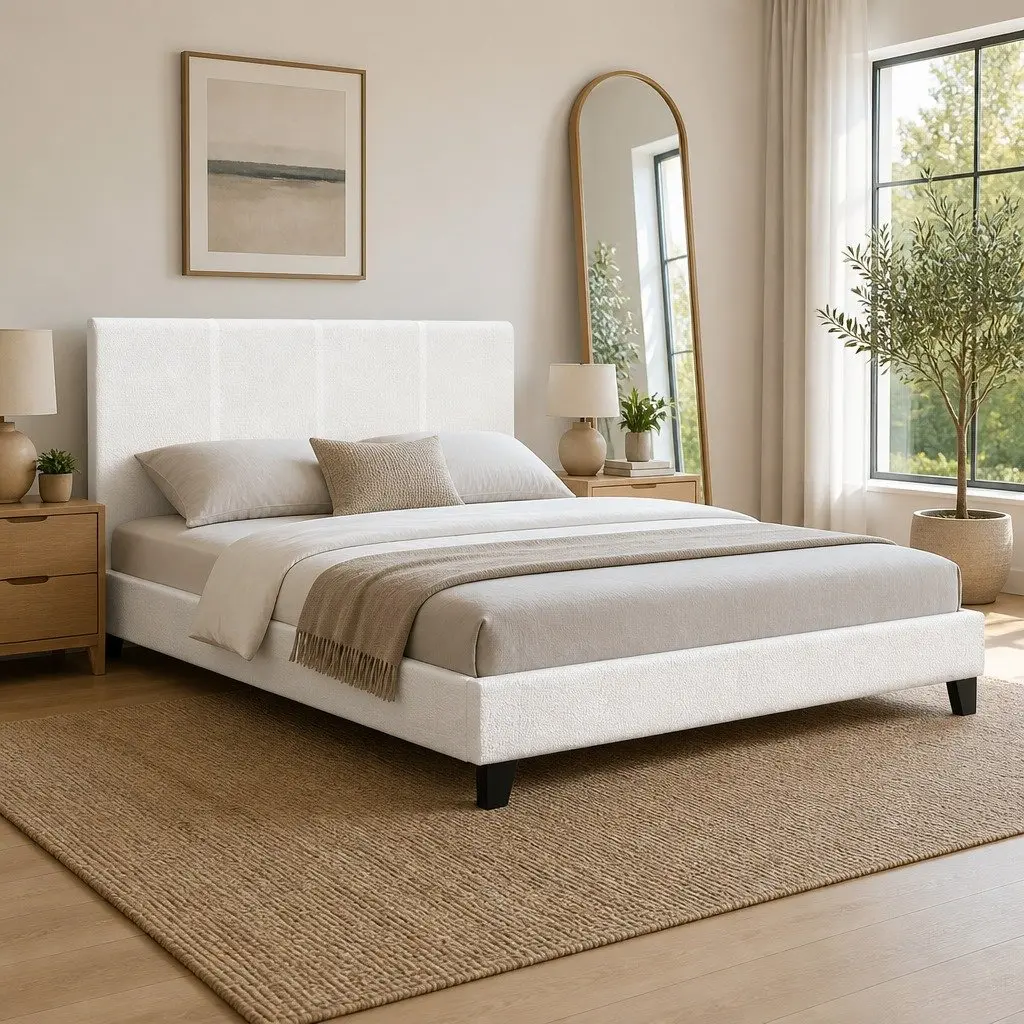 White Upholstered Queen Size Bed Frame in Boucle Fabric