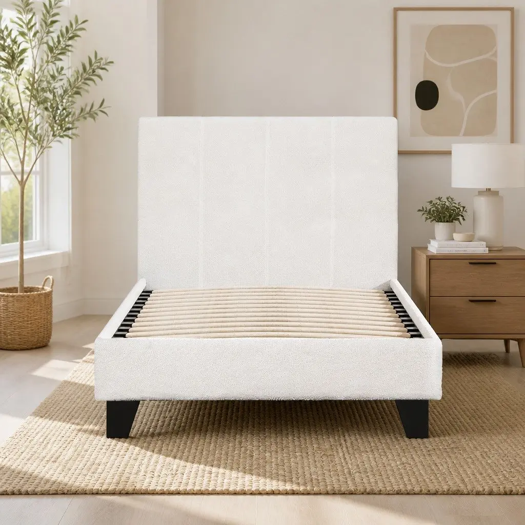 Boucle Upholstered Single Bed Frame with Slat Base