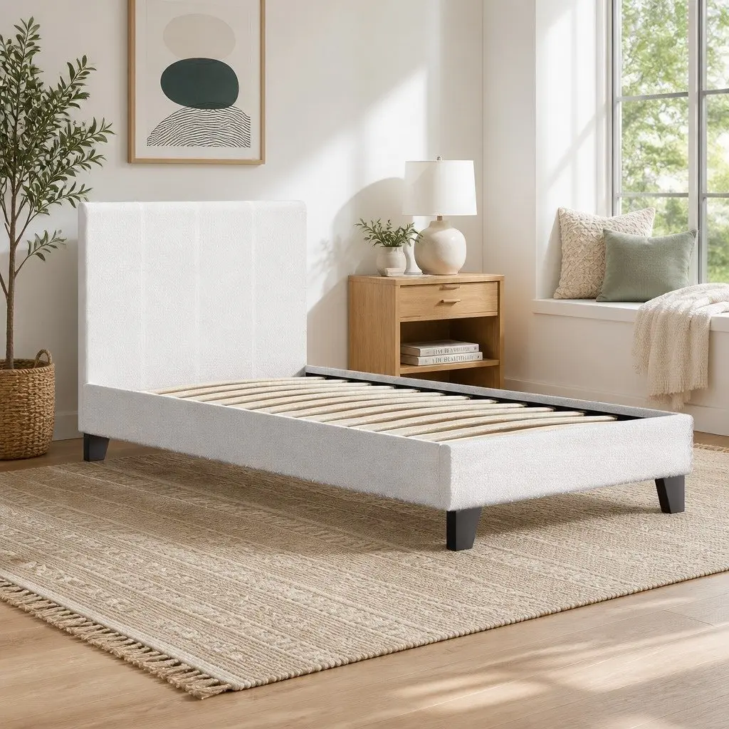 Boucle Upholstered Single Bed Frame with Slat Base