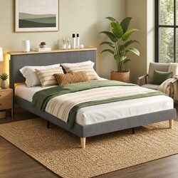 Grey Velvet Double Bed Frame with Adjustable Headboard