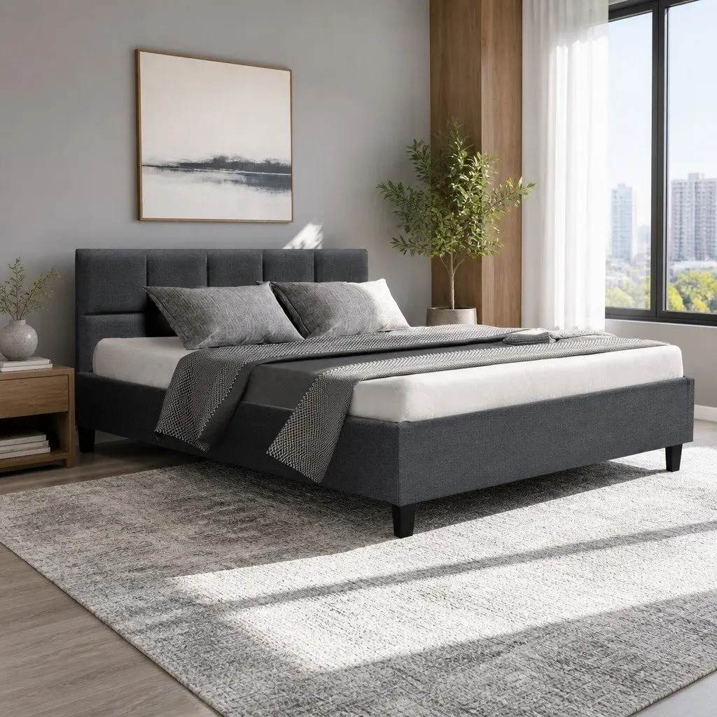 Double Bed Frame Charcoal Upholstered 202cm x 144cm Faux Linen Fabric Solid Wood