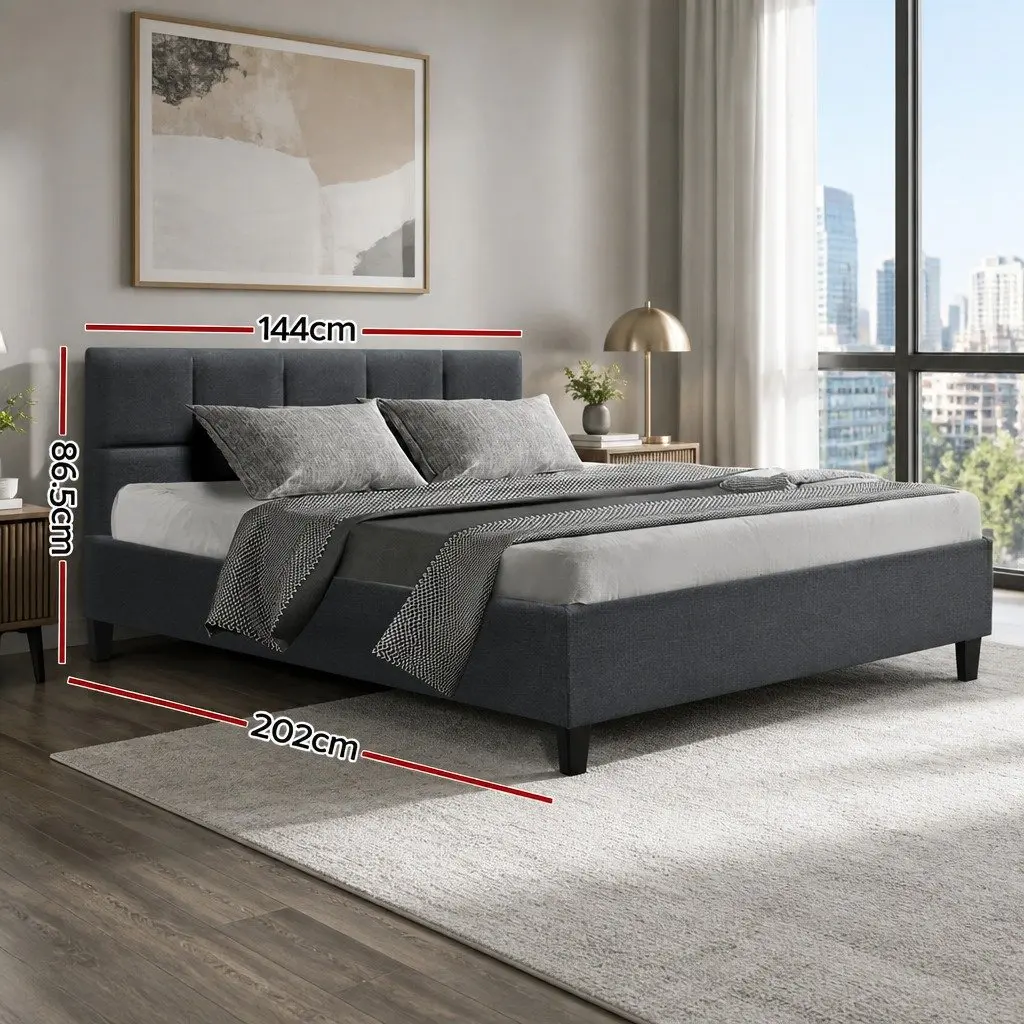 Double Bed Frame Charcoal Upholstered 202cm x 144cm Faux Linen Fabric Solid Wood