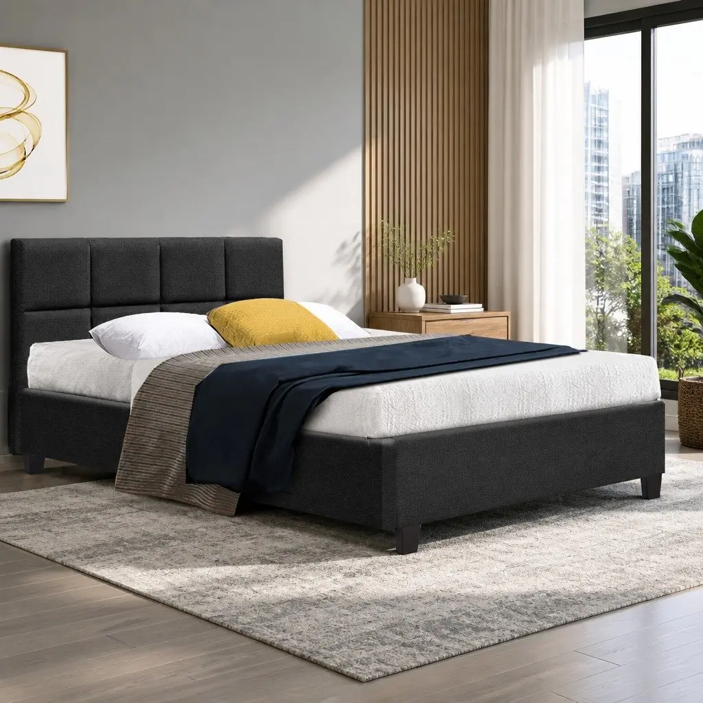 Double Bed Frame Charcoal Upholstered 202cm x 144cm Faux Linen Fabric Solid Wood