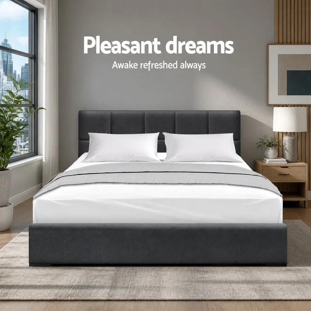 Double Bed Frame Charcoal Upholstered 202cm x 144cm Faux Linen Fabric Solid Wood